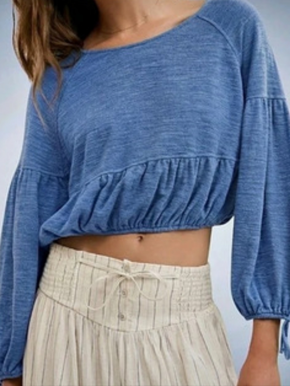 AERIE Long-Sleeve Blue Crop Top Tie Bubble Sleeve Accent Medium